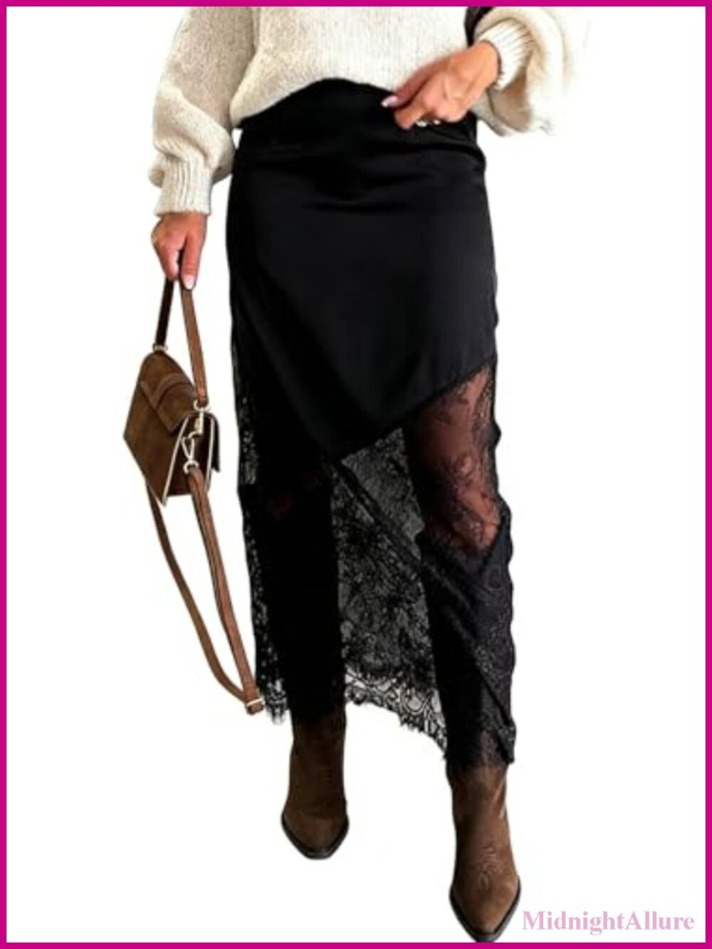 Satin High Waist A-Line Maxi Skirt with Lace Patchwork Y2K